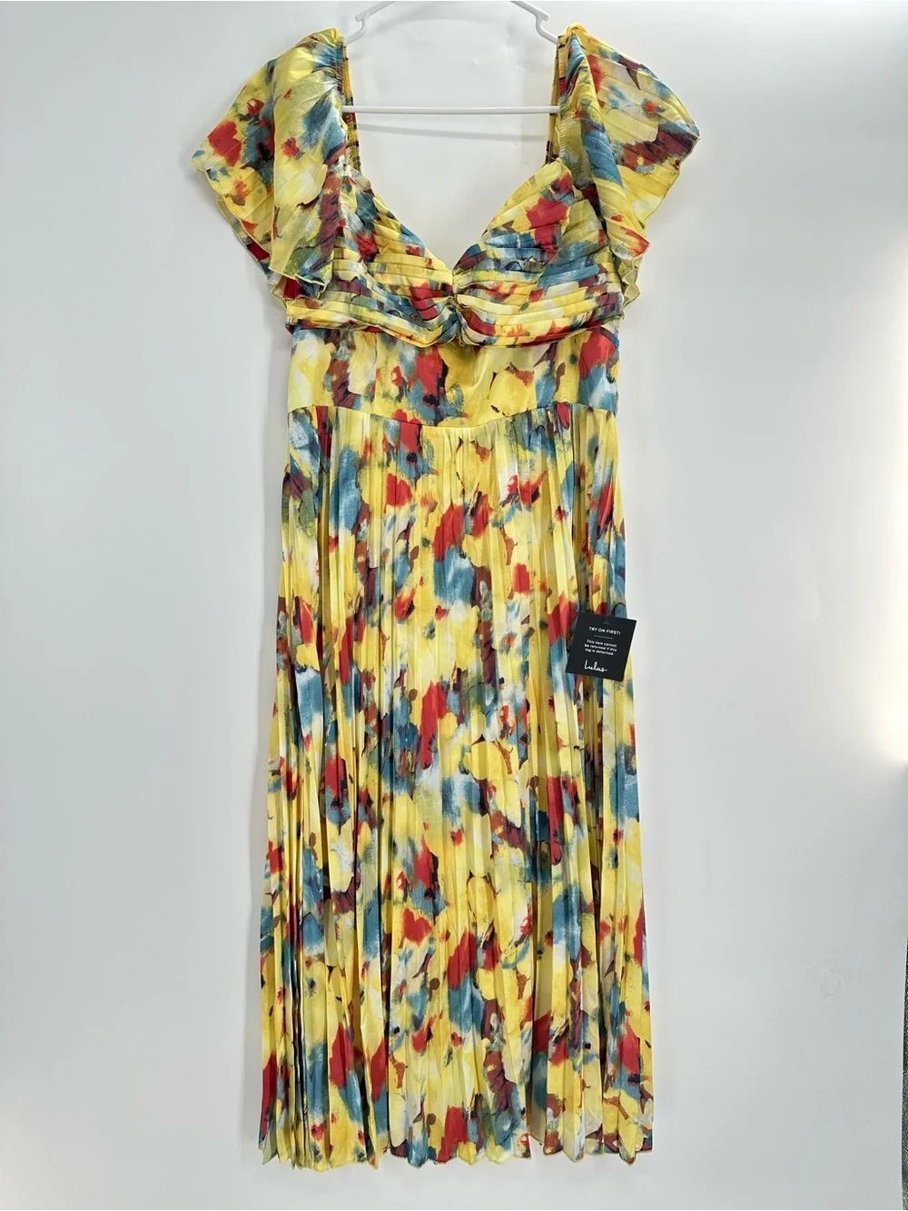 Lulus Authentically Yours Yellow Multi Abstract Print Satin Midi Dress - Size XL - Picture 5 of 10